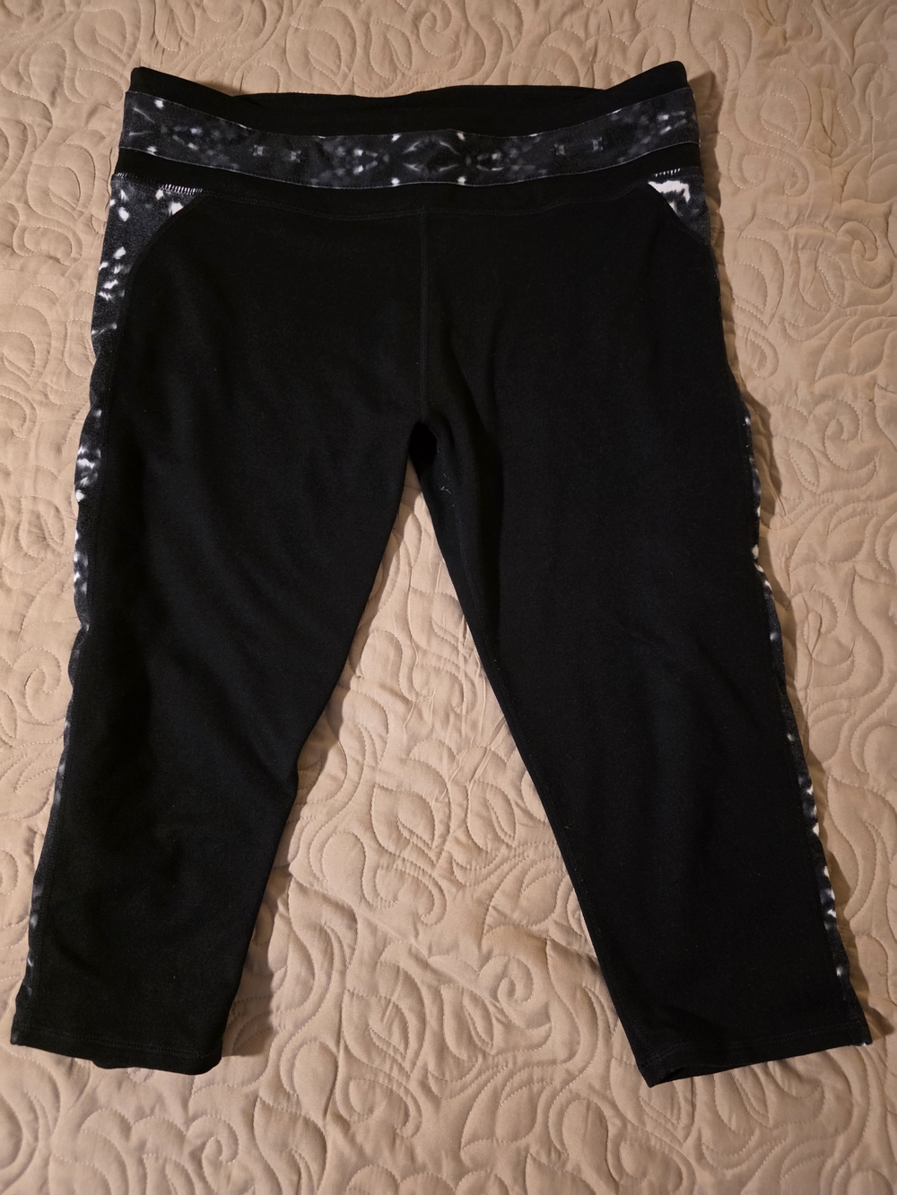Fabletics Black Capri Leggings with Marble Accent Waistband
